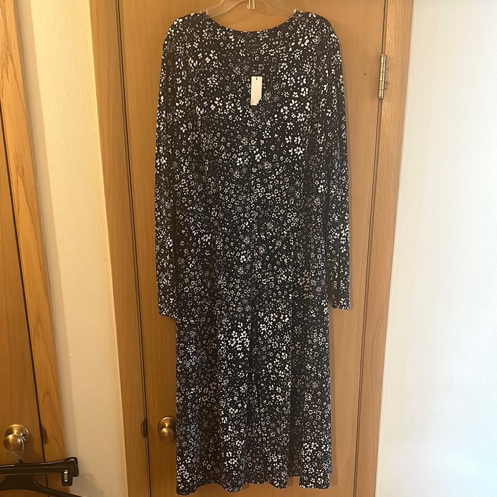 Talbots Women’s Floral V Neck Midi Dress New Blue White Size XL